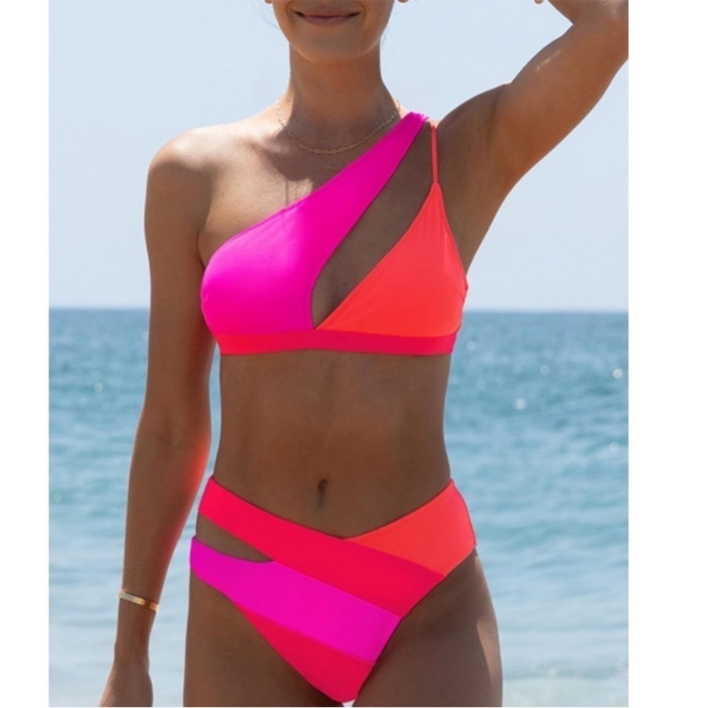 Popvil neon bright bikini set NWT size XL bottoms size Large top pink orange